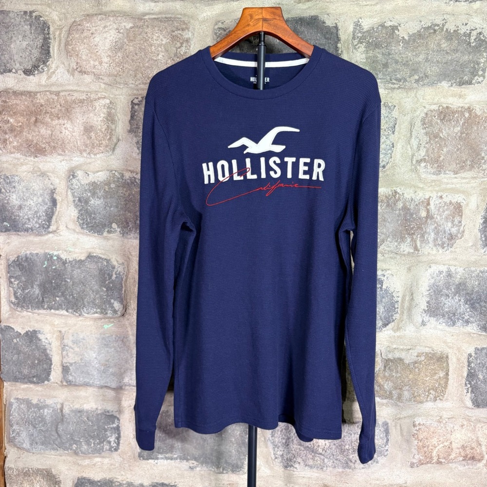 Hollister Mens Navy Blue Waffle Knit Thermal Long Sleeve Logo Shirt Large Casual